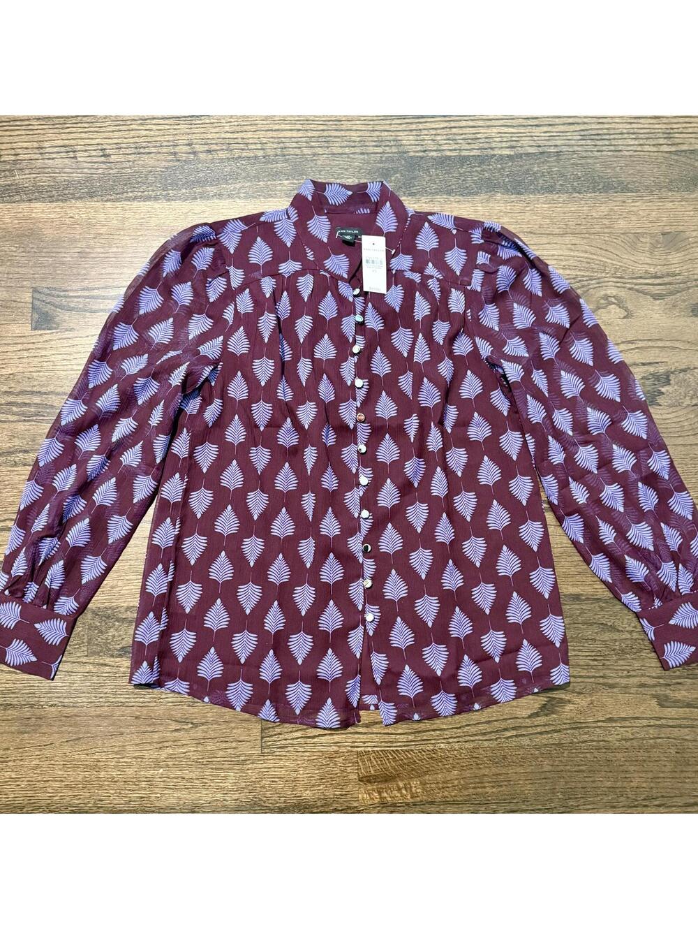 NWT Ann Taylor Fern Multi Button Burgundy & Lilac Pattern Shirt SZ XS